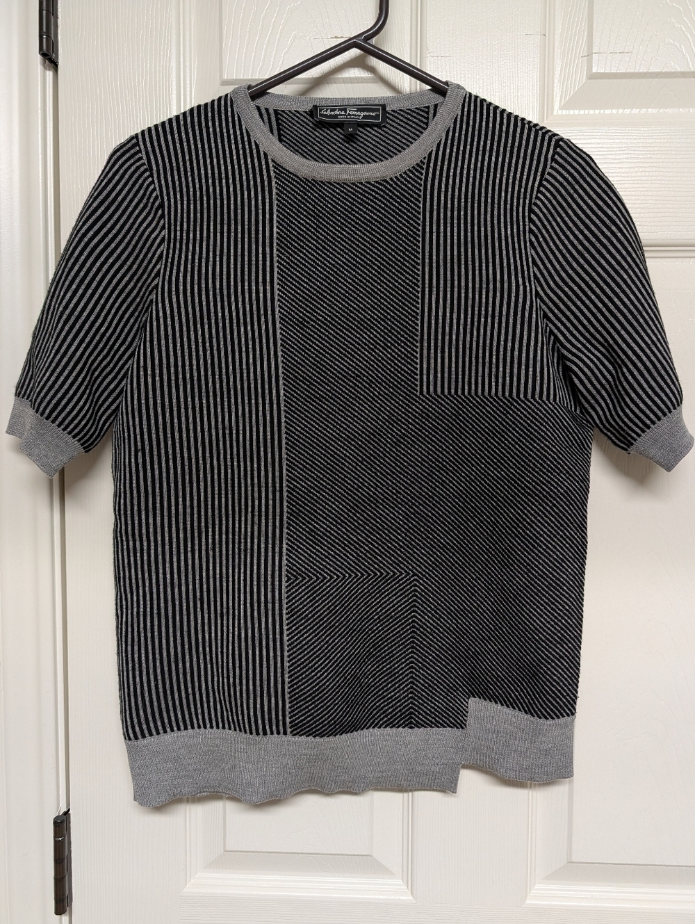 Salvatore Ferragamo Wool Silk Knit Top Striped Short Sleeve Italy Women's M Gray
